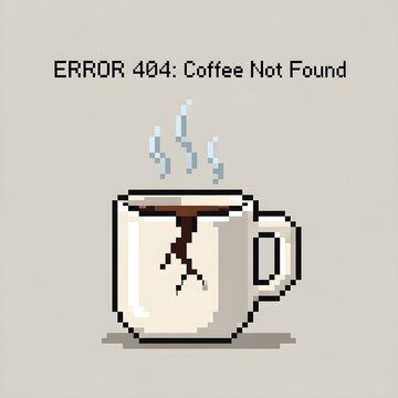 Pixel Art Error 404: Coffee Not Found Meme Illustration - Retro 8-bit Broken Mug