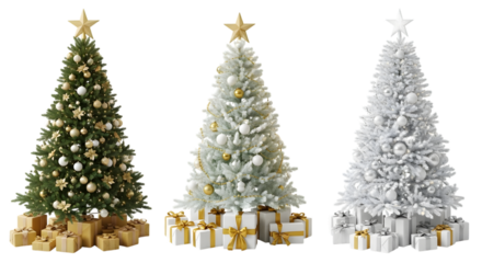 Three decorated christmas trees with presents