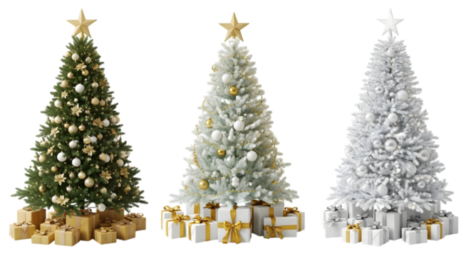 Three decorated christmas trees with presents