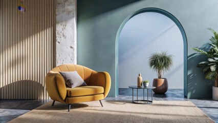 Cozy yellow armchair in a sunlit room with archway isolated on white background