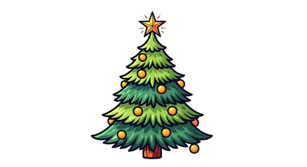 Obraz premium A charming cartoon illustration of a decorated christmas tree with a star on top and ornaments