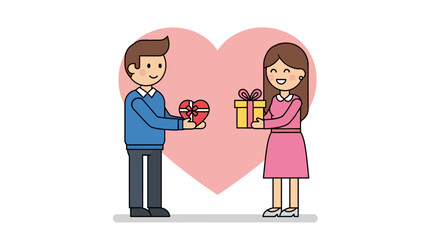 Cartoon couple exchanging gifts in front of a pink heart symbolizing love and affection