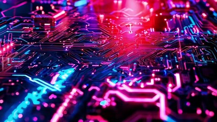 A close up of a circuit board with red and blue lights - Powered by Adobe