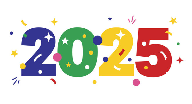 Festive and vibrant graphic illustration celebrating the upcoming year 2025 with a cheerful