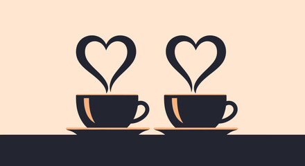 Two cups of steaming coffee with heart-shaped steam convey a warm romantic feeling