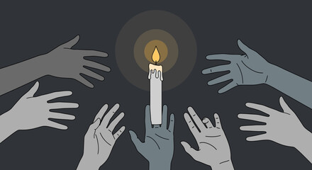 Illustration depicting a group of hands reaching toward a solitary candle light hope guidance and