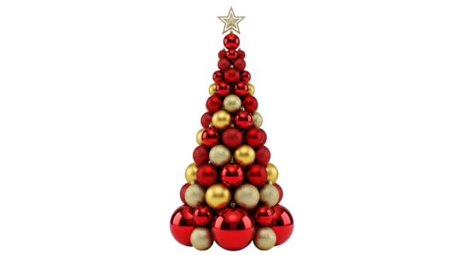 A christmas tree made entirely of red and gold baubles, stacked in a conical shape and topped with a star