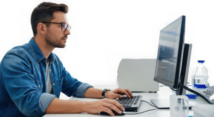 Young man focused on computer work isolated on transparent background