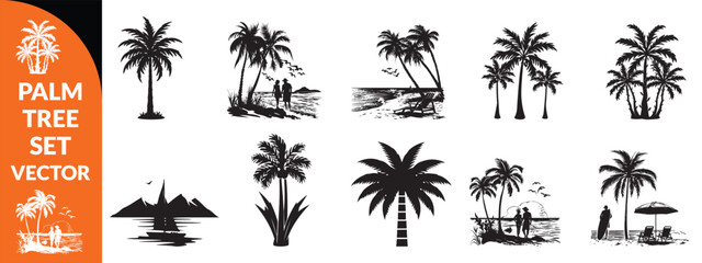 Fototapeta premium Black palm tree set vector illustration isolated on white background silhouette art black white stock illustration logo icon png. tropical, beach, landscape, pattern, paradise, coconut background set