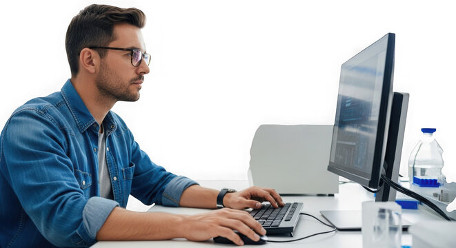 Young man focused on computer work isolated on transparent background - Powered by Adobe