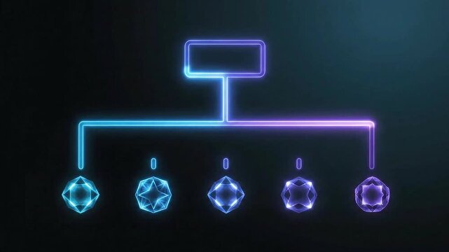 Glowing neon flowchart with geometric shapes and connecting lines on a dark background design element