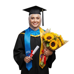 Smiling muslim graduate in cap and gown holding sunflowers and diploma isolated on transparent background