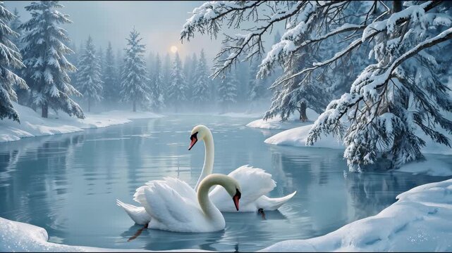 Beautiful white swans swimming on a frozen lake in a snowy forest with trees in a snowfall, creating a magical winter wonderland