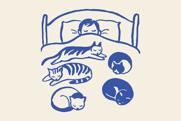 Sleeping child with cats naive hand drawn sketch vector illustration
