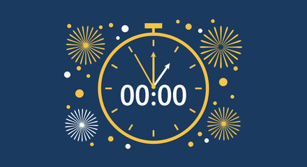 Festive new year celebration with clock striking midnight and fireworks displays