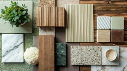 Interior design material samples and plant isolated on white background