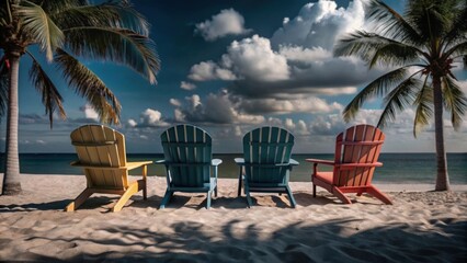 Four adirondack chairs on a tropical beach isolated on white background