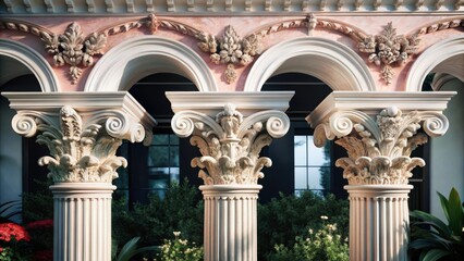 Ornate corinthian columns with arches isolated on white background