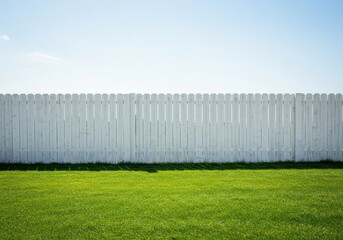 A traditional white wooden fence separates a lush green lawn from a bright clear sky, offering an ideal clean background with abundant copy space ,minimalism ,architecture ,traditional
