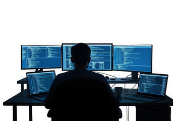Focused coder at glowing monitors isolated on transparent background
