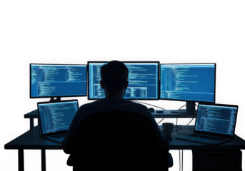 Focused coder at glowing monitors isolated on transparent background