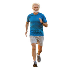 Smiling senior man running in athletic wear isolated on transparent background