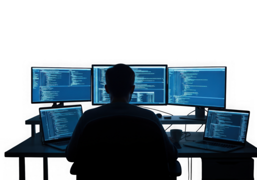 Focused coder at glowing monitors isolated on transparent background