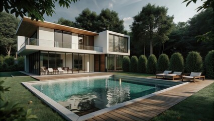 Modern luxury house with swimming pool and lush greenery isolated on white background