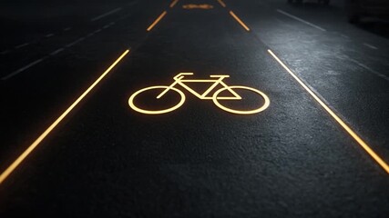 Cyclist's Illuminated Path: The road ahead glows, marked with a radiant bicycle symbol, a beacon of safety and designated pathway for cyclists. - Powered by Adobe