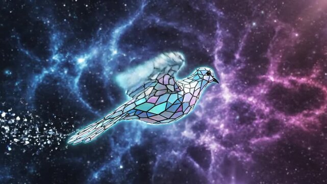 Abstract dove in cosmic space with vibrant colors and geometric details