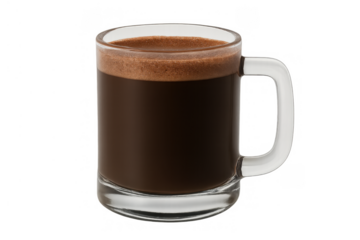 Hot espresso coffee beverage with crema filling a clear glass mug, isolated on transparent background