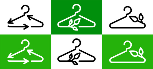 Recycling clothes icons showing sustainable fashion symbols with hanger, reused textile, eco friendly fabric signs. Illustration represents the concept of clothing care, repair, recycling materials