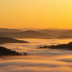 Fototapeta premium Brilliant golden sunrise paints the rolling hills and deep valley, illuminating the dense atmospheric fog rising from the low ground, vapor, sky, cold