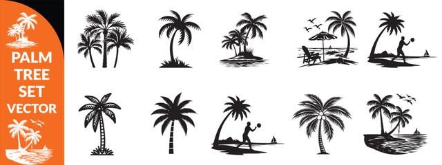 Black palm tree set vector illustration isolated on white background silhouette art black white stock illustration logo icon png. tropical, beach, landscape, pattern, paradise, coconut background  set