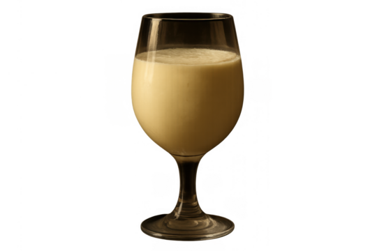 Eggnog drink in wine glass with foam, creamy holiday beverage served for christmas season, transparent background