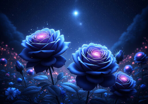 Enchanting Blue Rose Fantasy Art Glowing Flowers in a Magical Night Sky.