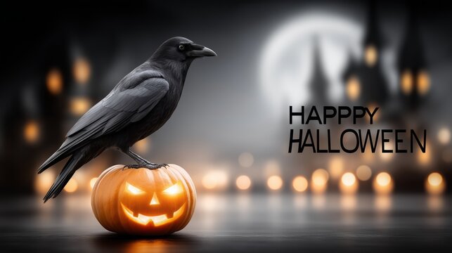 Raven standing on a glowing jack o lantern with Happy Halloween text and misty moonlit houses creating a spooky atmospheric holiday greeting scene, Generative AI - Powered by Adobe
