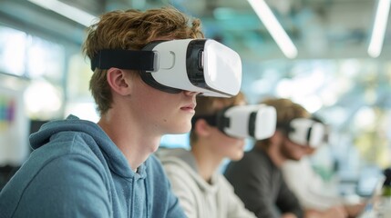 Students engaged in virtual learning with vr headsets in a bright, futuristic classroom setting