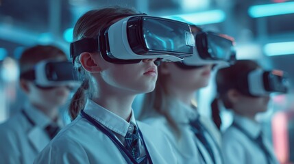 Students engaged in virtual learning with vr headsets in a bright, futuristic classroom setting