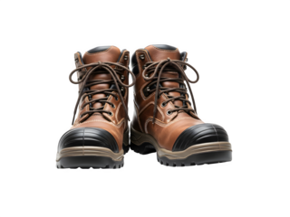 Pair of brown leather work boots with black toe caps isolated on transparent background