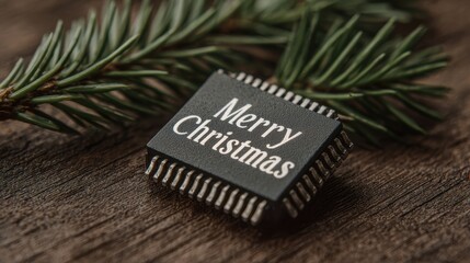 Merry Christmas message on a computer chip with pine needles on wood
