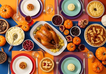 Overhead view of a festive thanksgiving dinner table setting with a roasted turkey and various side dishes