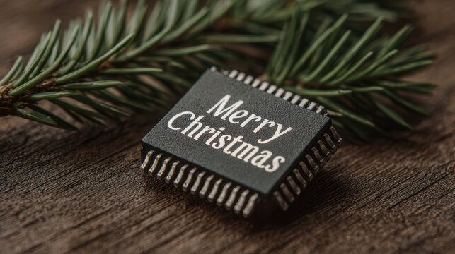 Merry Christmas message on a computer chip with pine needles on wood