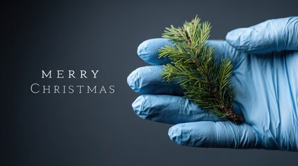 Merry Christmas greeting with a hand in a blue medical glove holding a fir branch