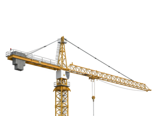 Yellow construction crane isolated on transparent background used for lifting heavy materials