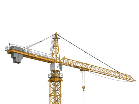 Yellow construction crane isolated on transparent background used for lifting heavy materials