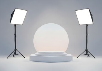 Empty photography studio setup with softbox lights and a circular platform for product display