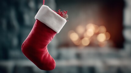 White knitted Christmas stocking with red snowflake hanging near a glowing fireplace creating a cozy warm holiday interior, Generative AI