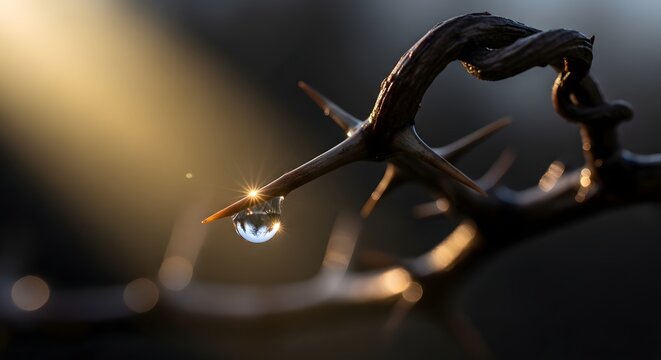 A close-up shot of a thorny branch with a water droplet hanging from it, illuminated by warm sunlight creating a serene and natural atmosphere