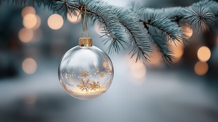 Elegant golden Christmas ornament hanging from a frosted tree branch with soft glowing lights creating a warm festive ambiance, Generative AI